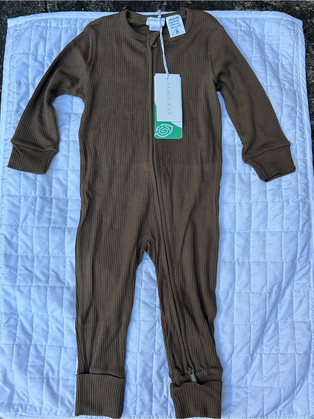Jamie Kay Brown Ribbed 1YR Organic Cotton Zip Coverall One-Piece Long Sleeve